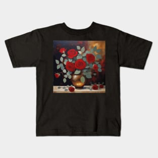 Red Roses and Eucalyptus Leaves in a Gold Vase Kids T-Shirt